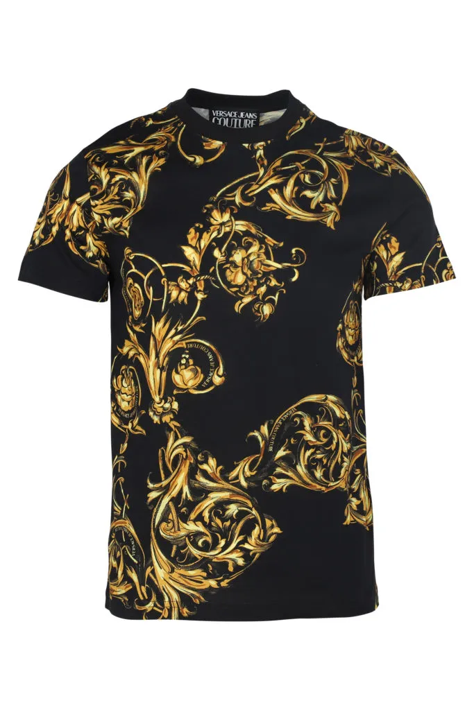 Camiseta de manga corta negra con estampado barroco