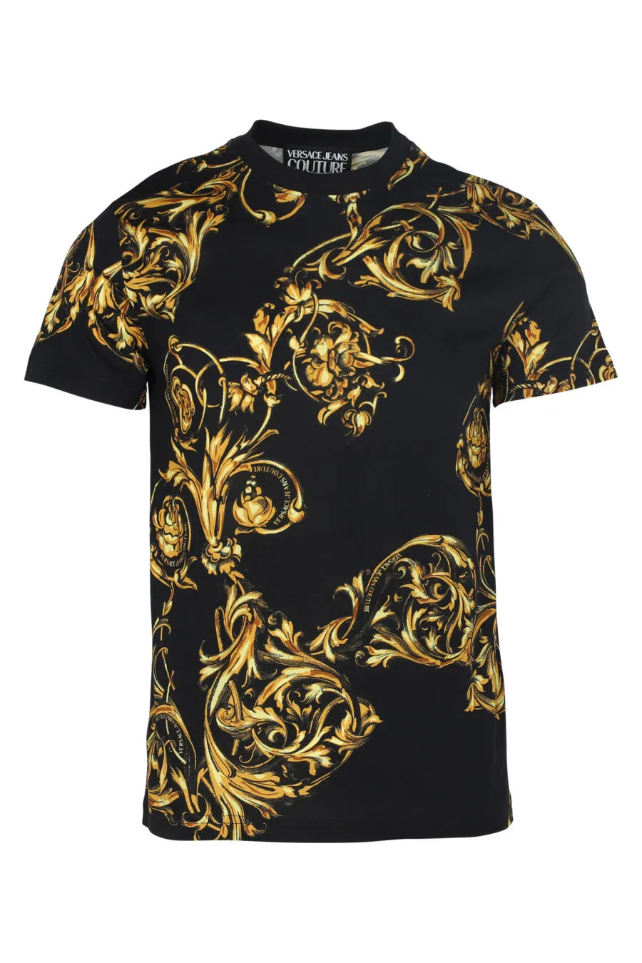 Camiseta de manga corta negra con estampado barroco