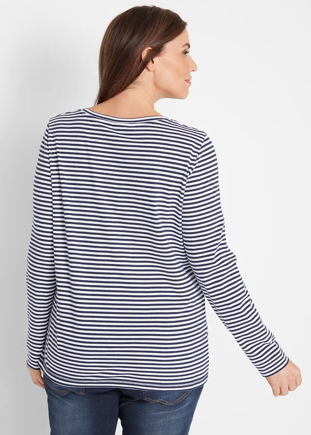 CAMISETA DE RAYAS, MANGA LARGA AZUL OSCUROBLANCO DE RAYAS