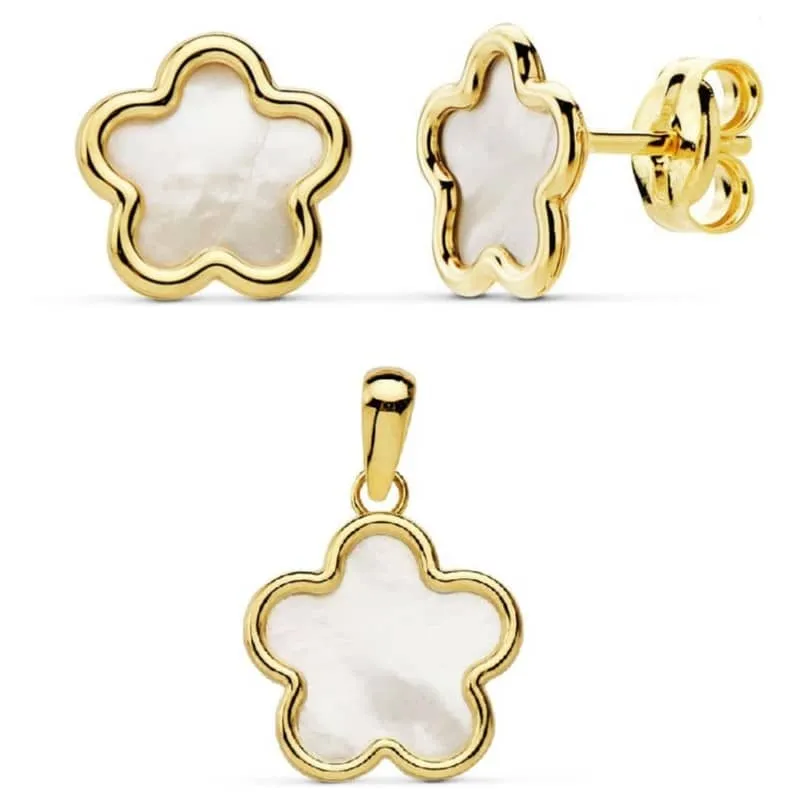 Conjunto oro 18k flor nácar