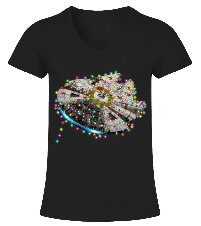 MILLENNIUM FALCON CHRISTMAS LIGHTS  T SHIRT CAMISETA CUELLO PICO MUJER