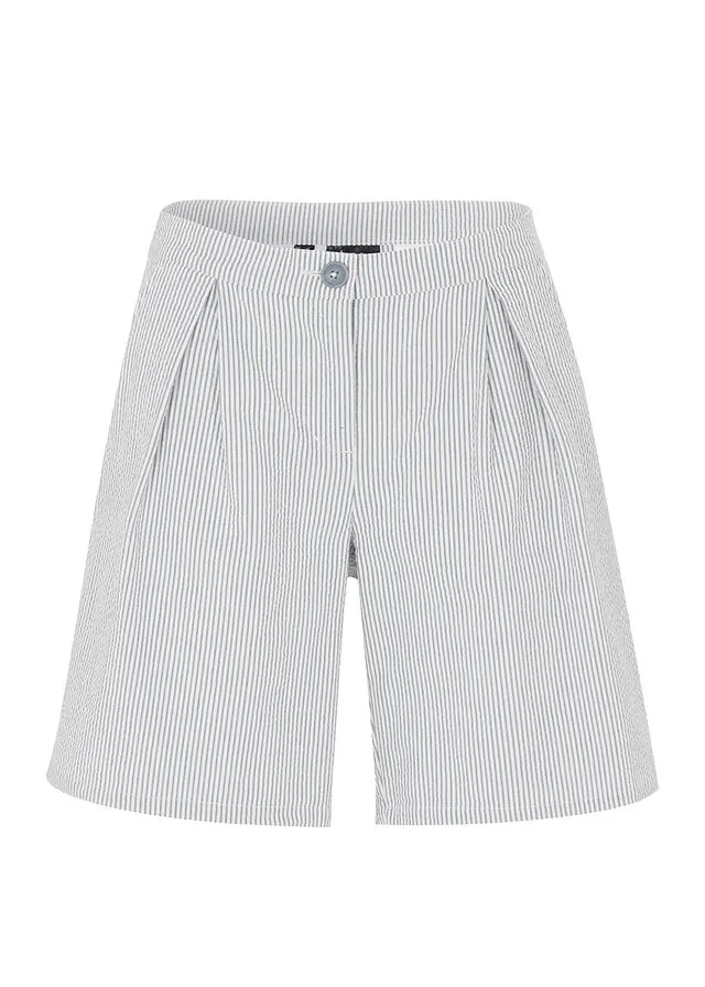 PANTALóN CORTO DE MIL RAYAS CON PLIEGUES Y CINTURA AJUSTABLE DENIMBLANCO LANA DE RAYAS