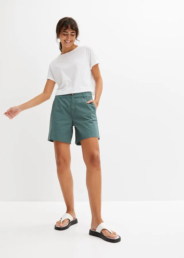 Pantalón corto de tiro alto de sarga Verde grisáceo