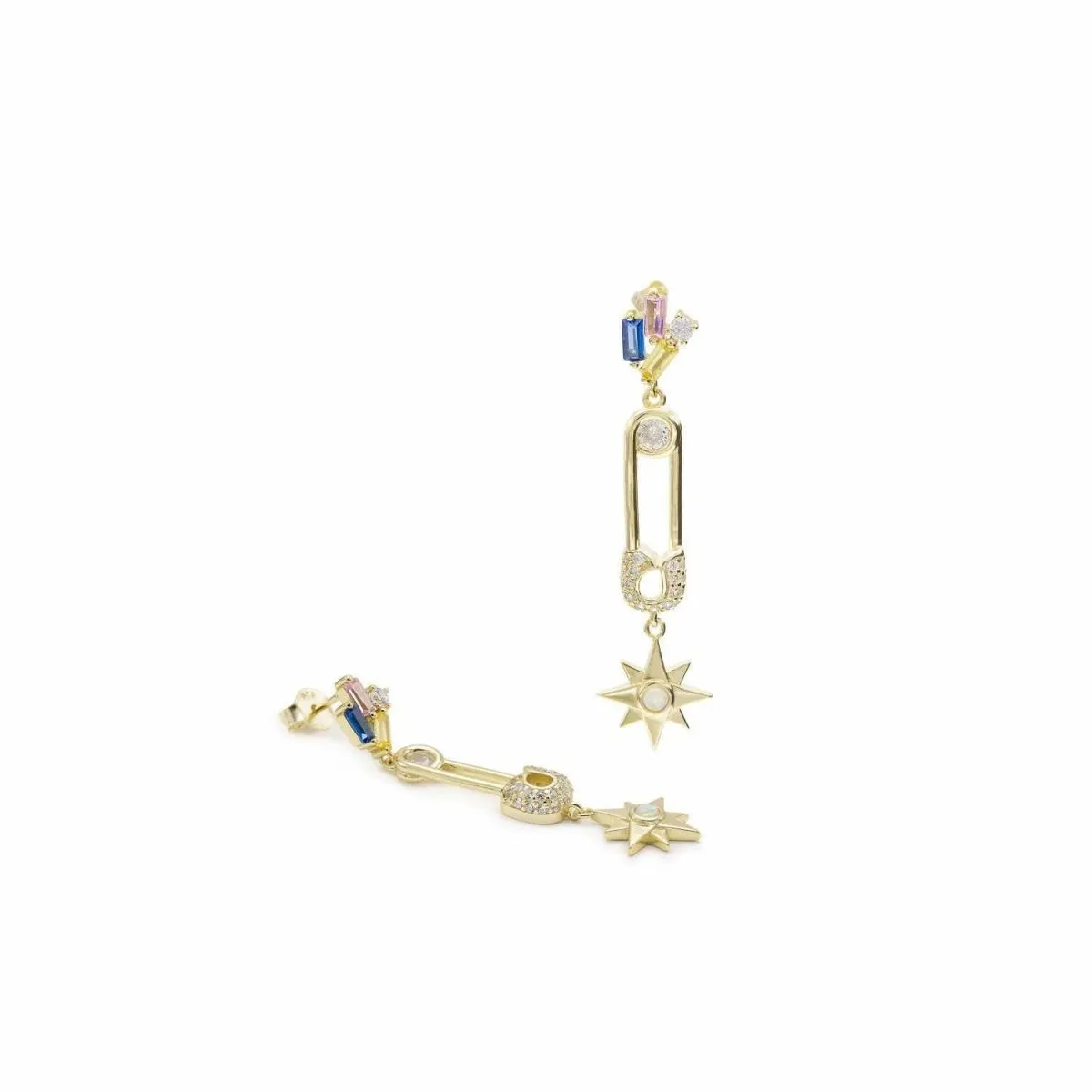 Pendientes largos motivo de imperdible y estrella con circonitas