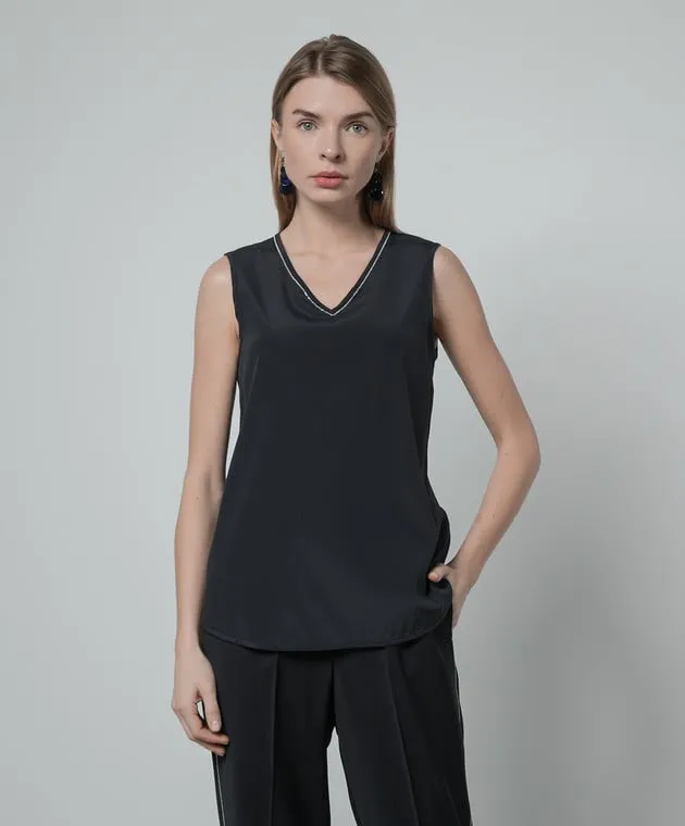 Peserico Blue silk top with monil chain