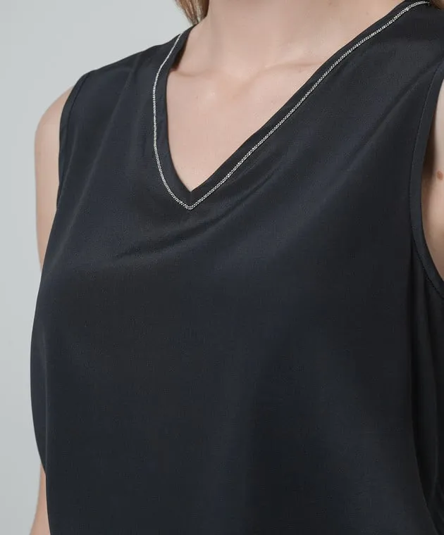 Peserico Blue silk top with monil chain