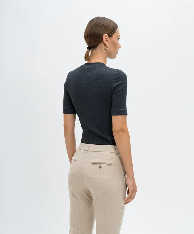 Peserico Gray ribbed top with monil chain