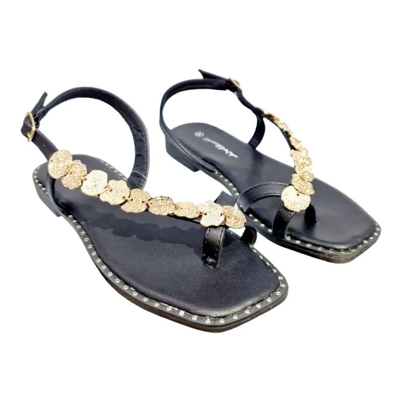 SANDALIAS MUJER TIRA DIAGONAL ADORNO MONEDAS NEGRO NEGRO