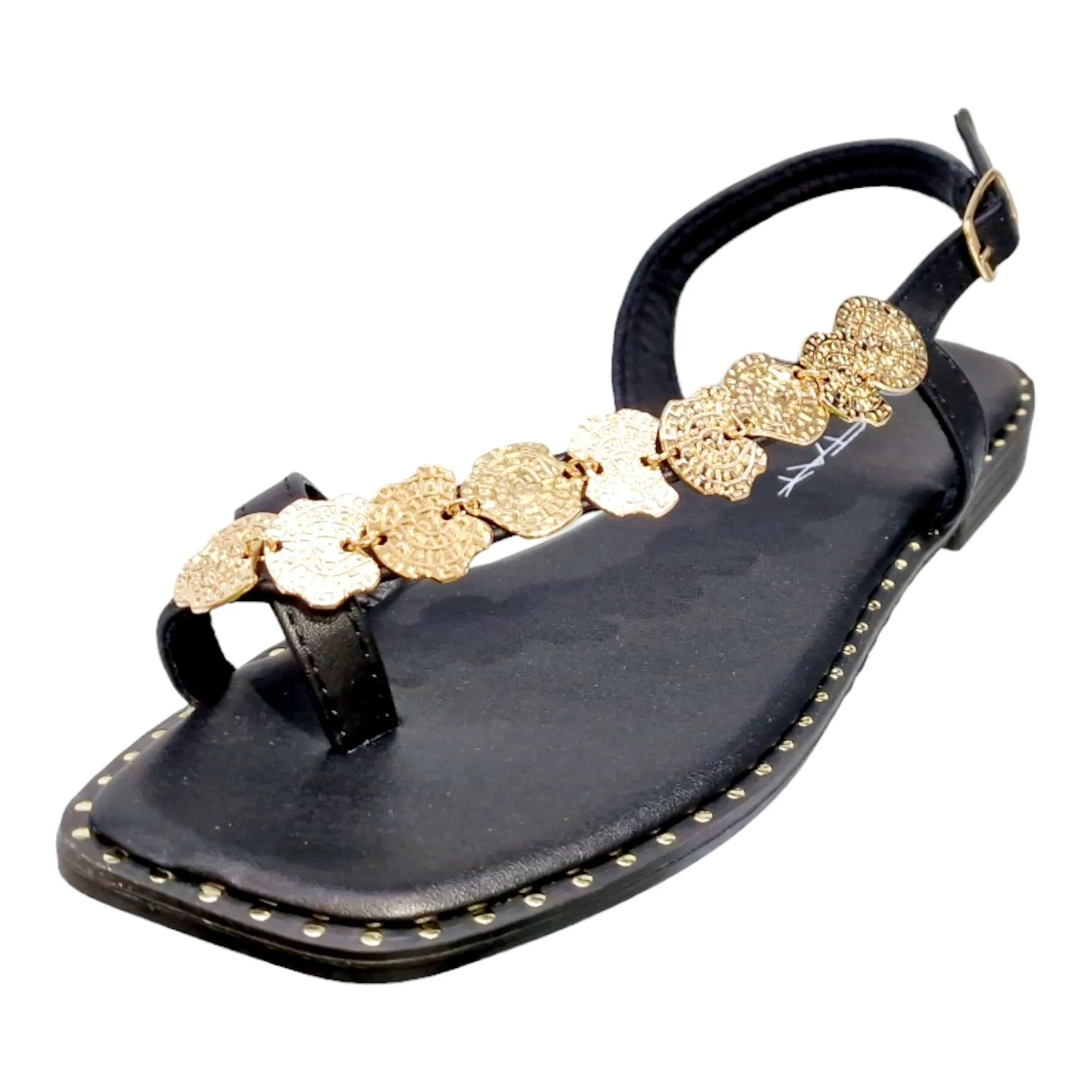 SANDALIAS MUJER TIRA DIAGONAL ADORNO MONEDAS NEGRO NEGRO