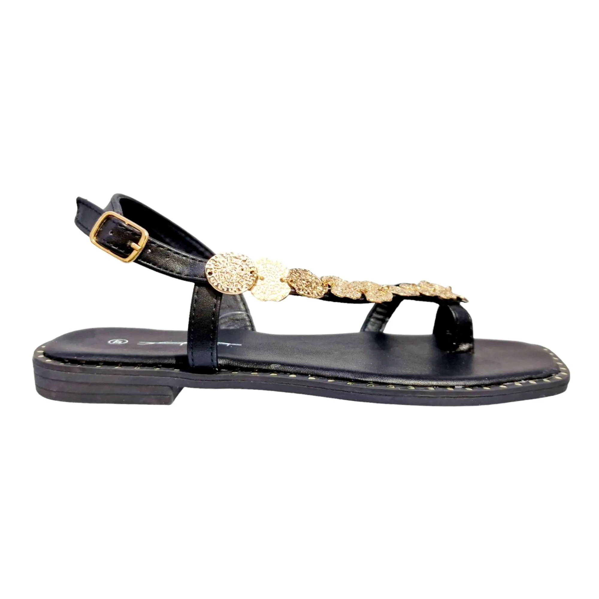 SANDALIAS MUJER TIRA DIAGONAL ADORNO MONEDAS NEGRO NEGRO