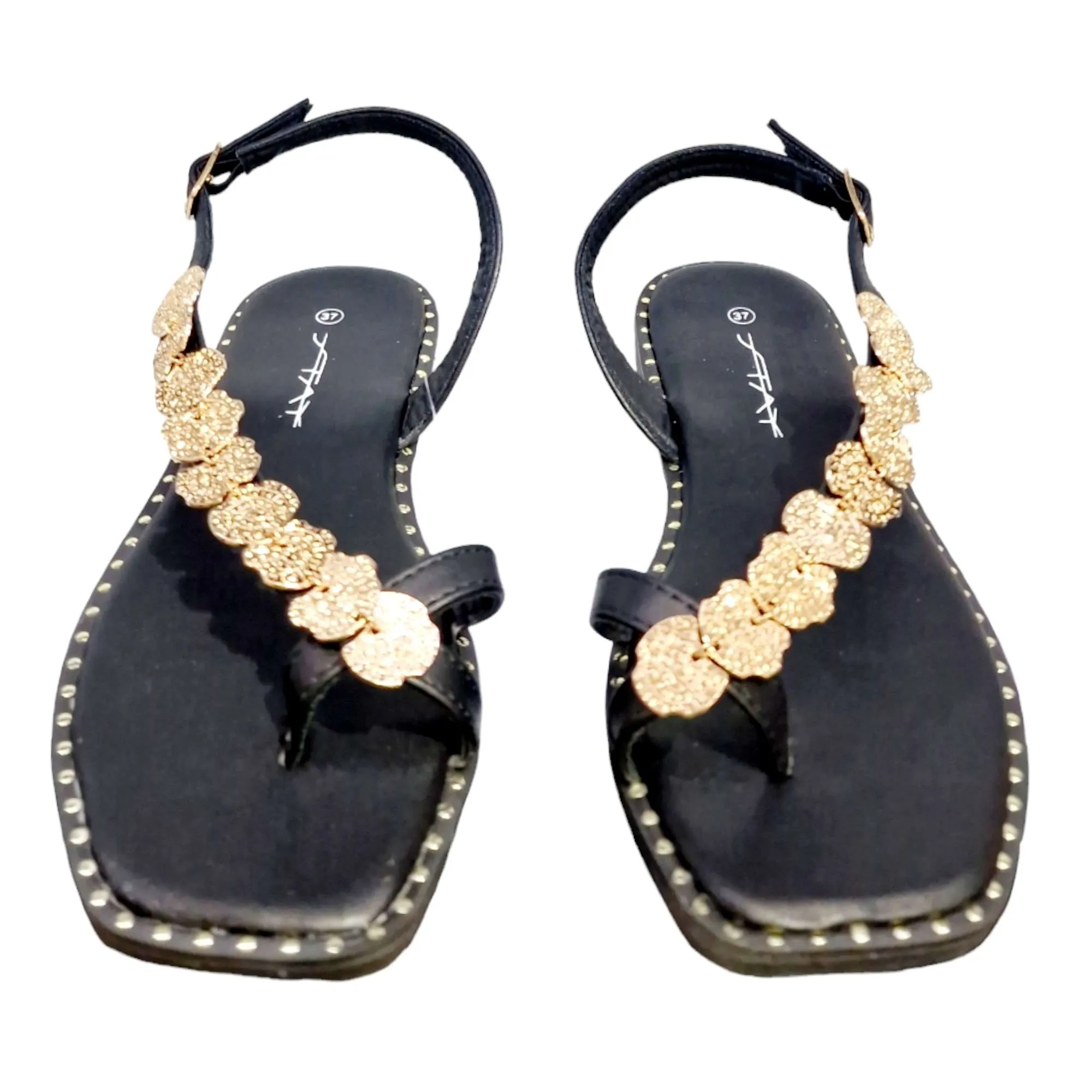 SANDALIAS MUJER TIRA DIAGONAL ADORNO MONEDAS NEGRO NEGRO