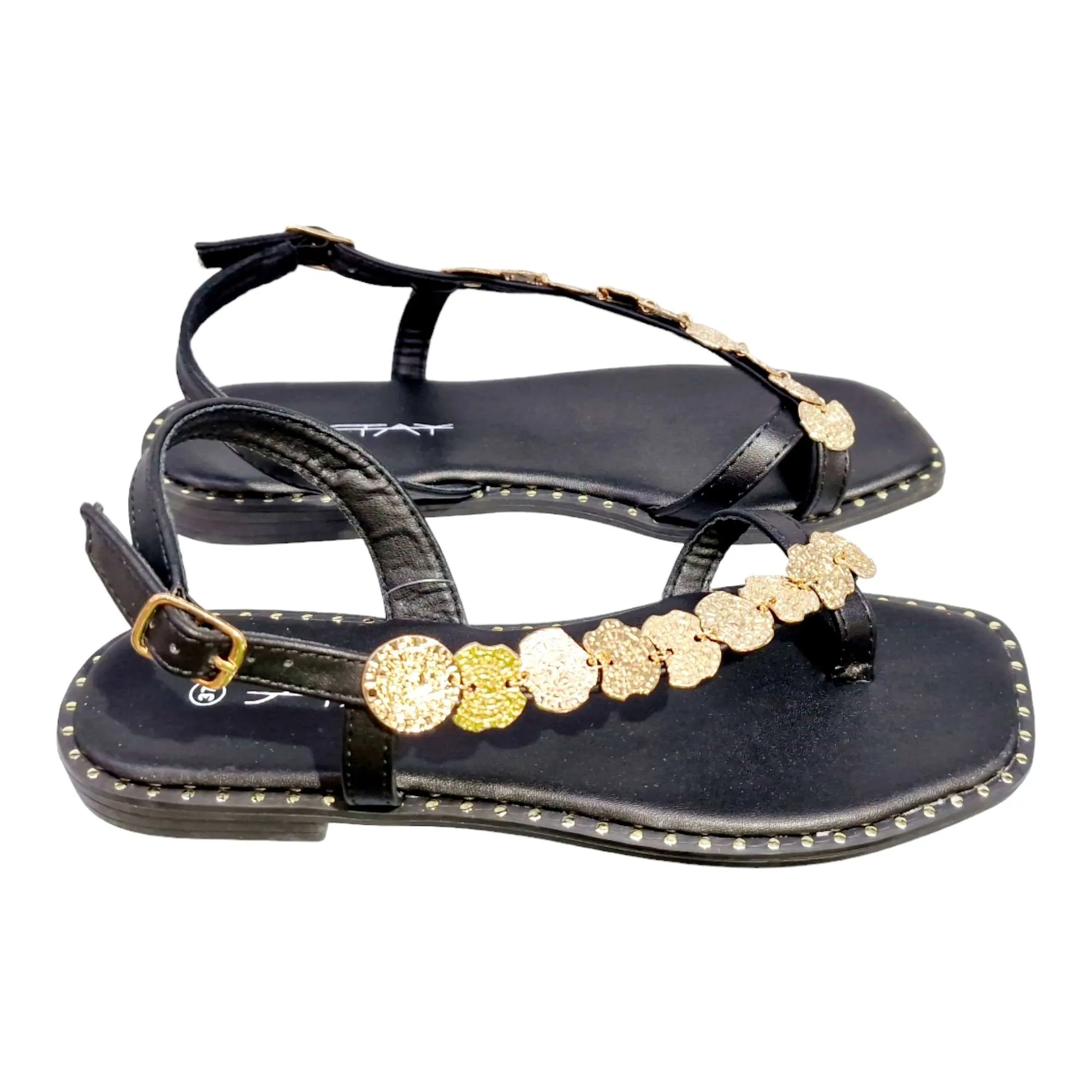 SANDALIAS MUJER TIRA DIAGONAL ADORNO MONEDAS NEGRO NEGRO