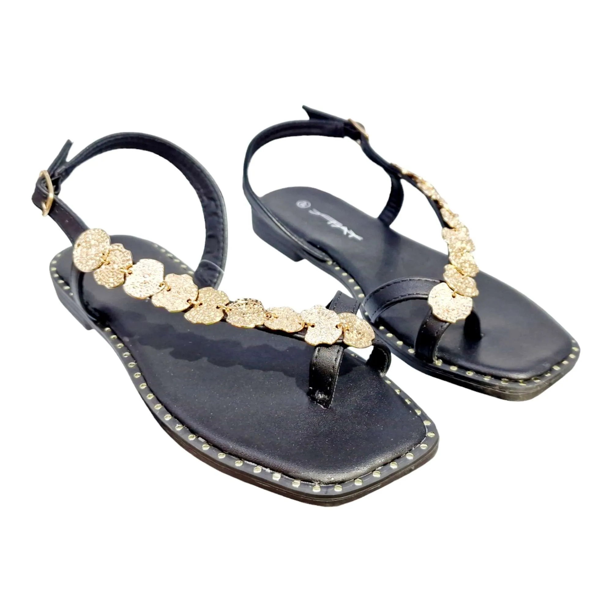 SANDALIAS MUJER TIRA DIAGONAL ADORNO MONEDAS NEGRO NEGRO