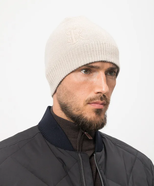 Stefano Ricci Beige cashmere cap with crocodile skin monogram