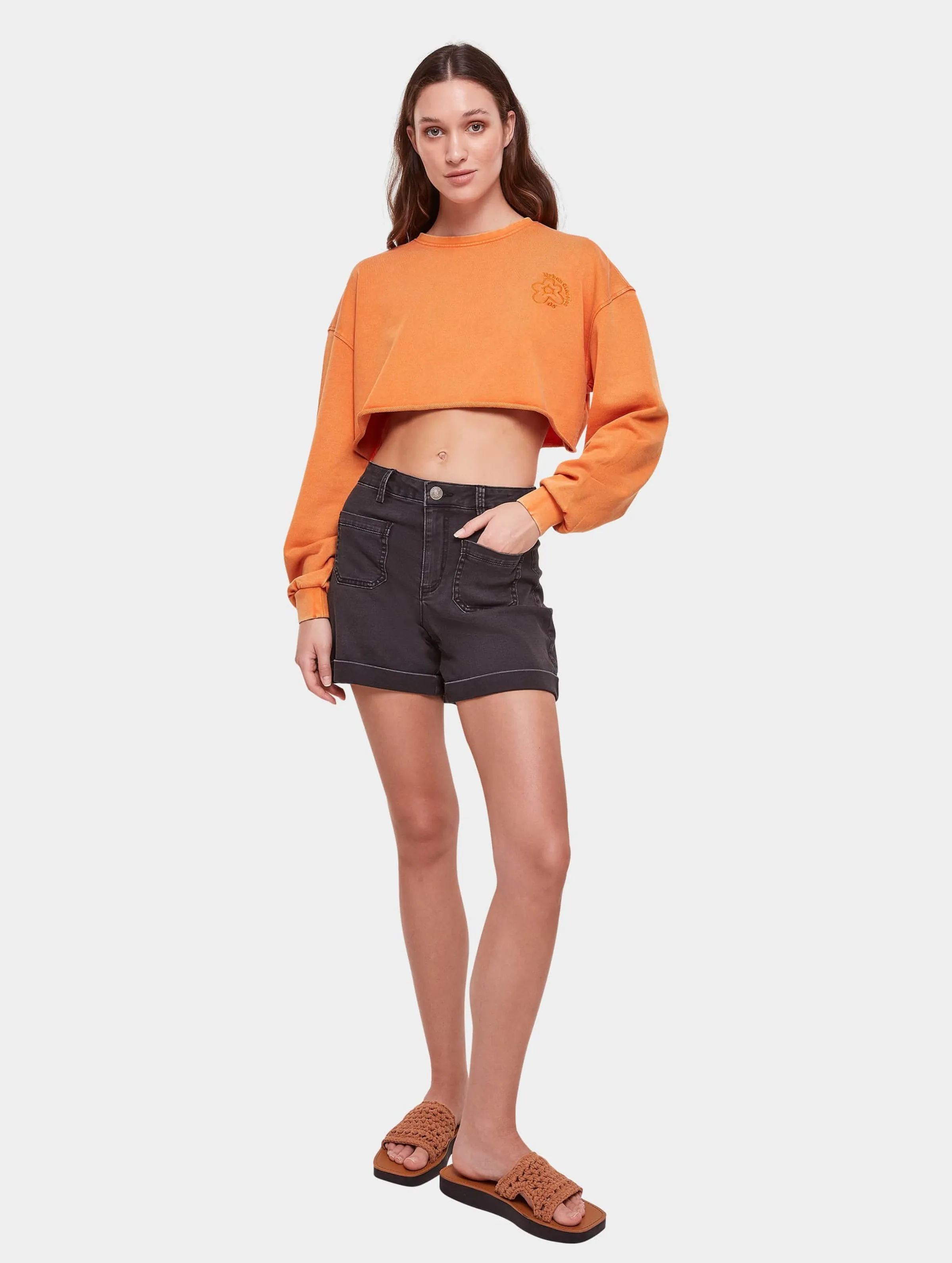 Urban Classics Ladies Cropped Flower Embroidery Terry
