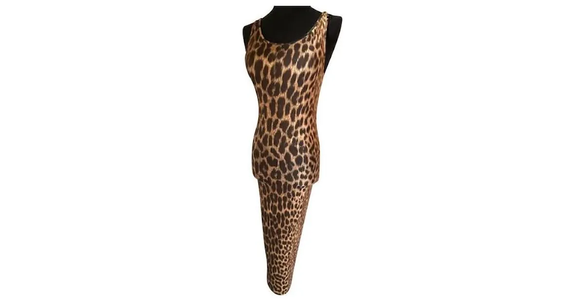 Vestido midi ROBERTO CAVALLI en el icónico estampado animal talla 42 italiano Beige 