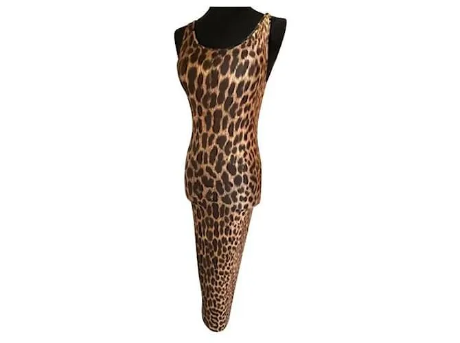 Vestido midi ROBERTO CAVALLI en el icónico estampado animal talla 42 italiano Beige 
